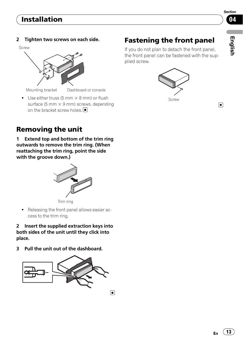 Removing the unit, Fastening the front panel, Installation | Pioneer DEH-1200MP User Manual | Page 13 / 52