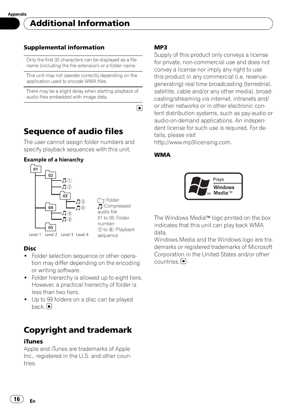 Sequence of audio files, Copyright and trademark, Additional information | Pioneer DEH-1200MP User Manual | Page 16 / 52