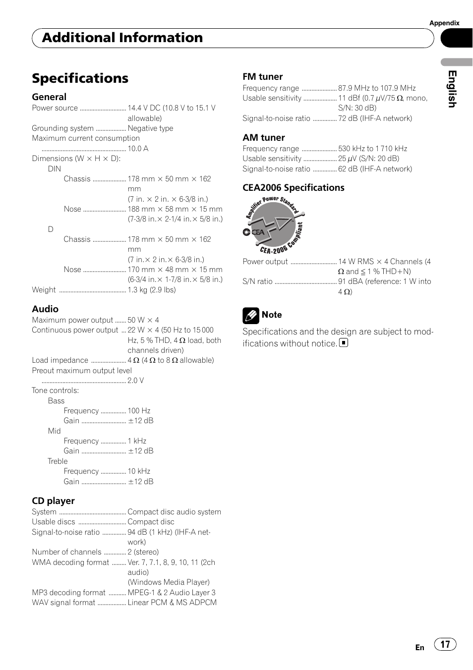 Specifications, Additional information, English | Pioneer DEH-1200MP User Manual | Page 17 / 52