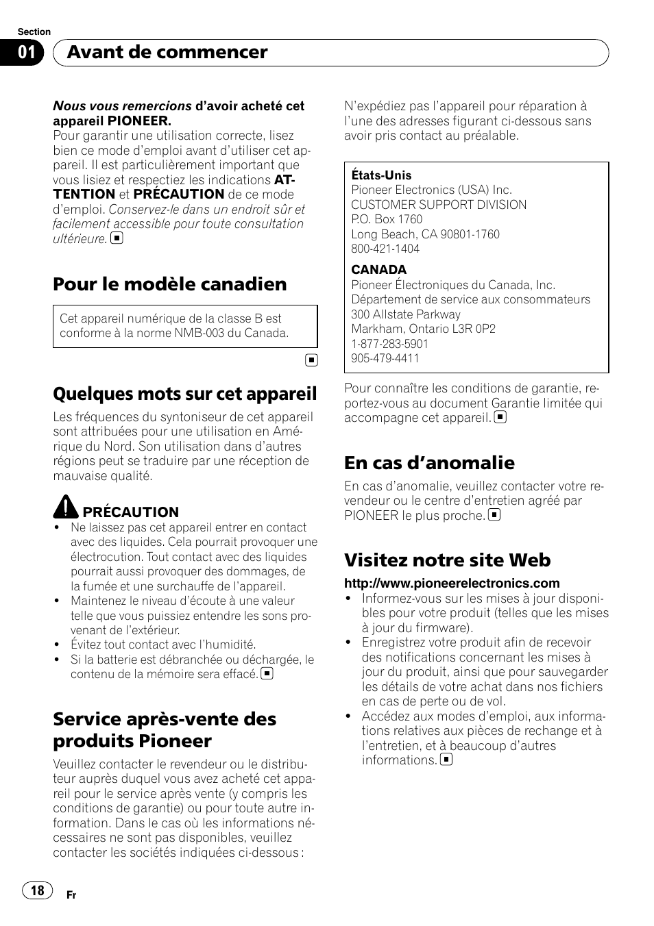 Pour le modèle canadien, Quelques mots sur cet appareil, Service après-vente des produits pioneer | En cas d ’anomalie, Visitez notre site web, Avant de commencer | Pioneer DEH-1200MP User Manual | Page 18 / 52