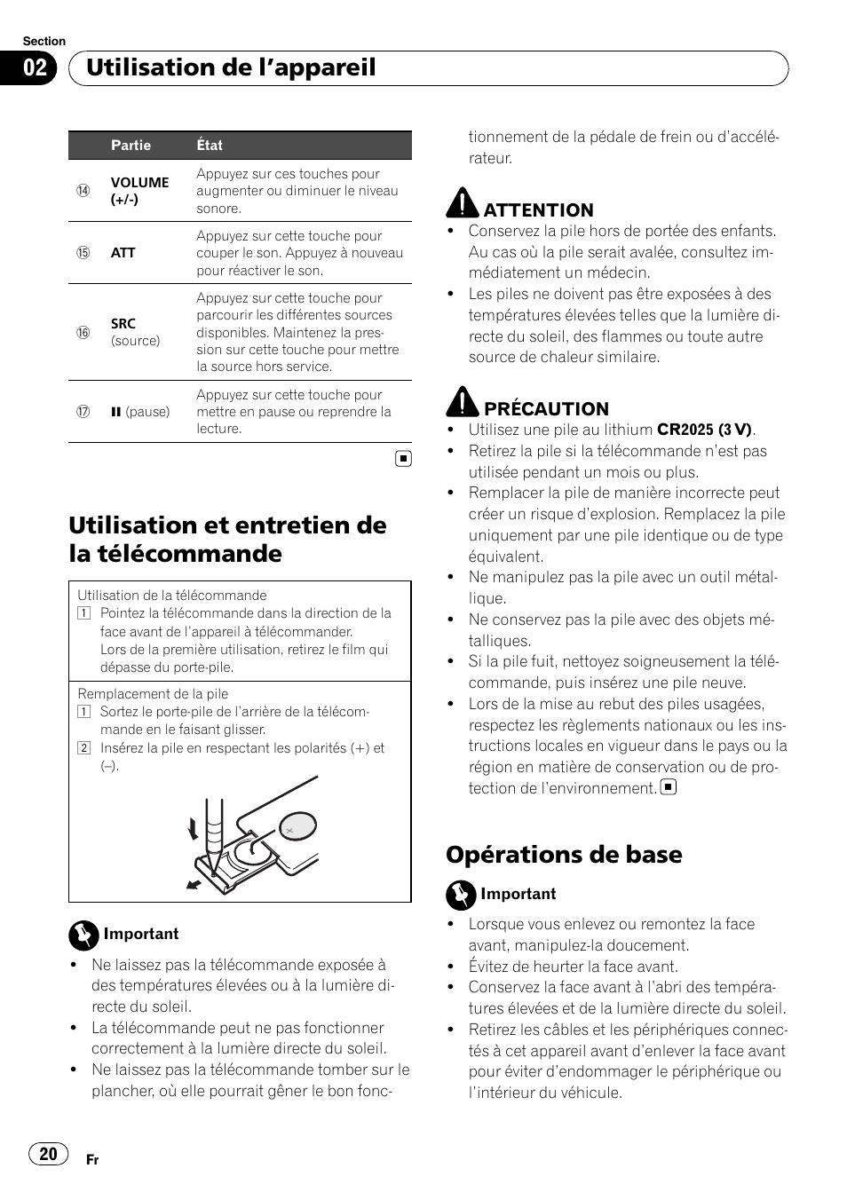Utilisation et entretien de la télécommande, Opérations de base, Utilisation de l ’appareil | Pioneer DEH-1200MP User Manual | Page 20 / 52