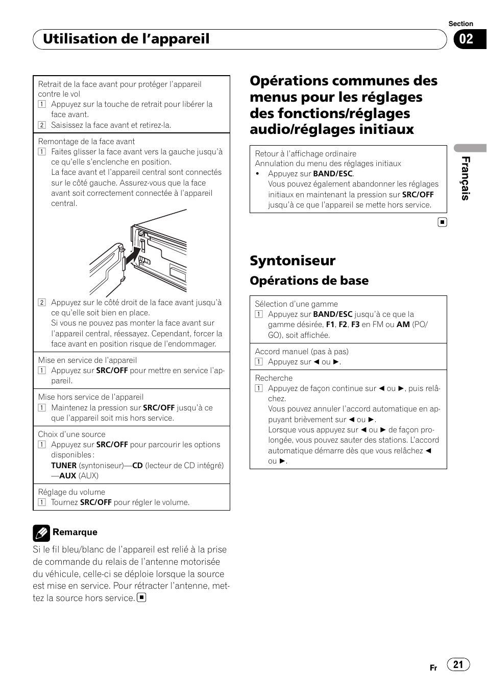 Syntoniseur, Utilisation de l ’appareil, Opérations de base | Français | Pioneer DEH-1200MP User Manual | Page 21 / 52