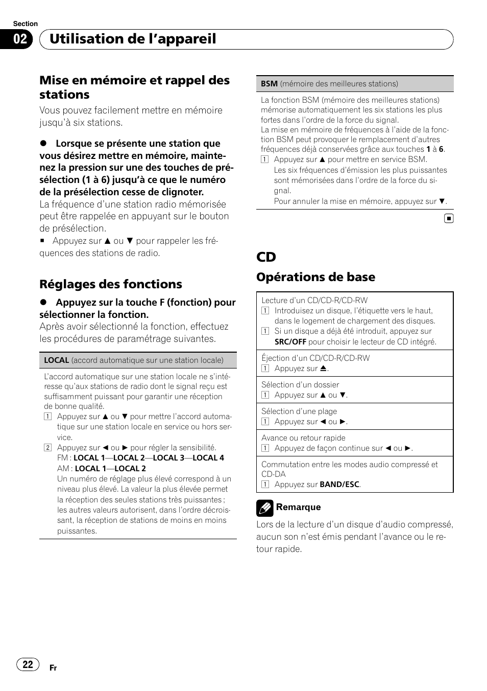 Utilisation de l ’appareil, Mise en mémoire et rappel des stations, Réglages des fonctions | Opérations de base | Pioneer DEH-1200MP User Manual | Page 22 / 52