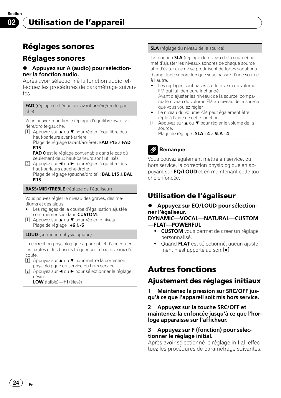 Réglages sonores, Autres fonctions, Utilisation de l ’appareil | Utilisation de l ’égaliseur, Ajustement des réglages initiaux | Pioneer DEH-1200MP User Manual | Page 24 / 52