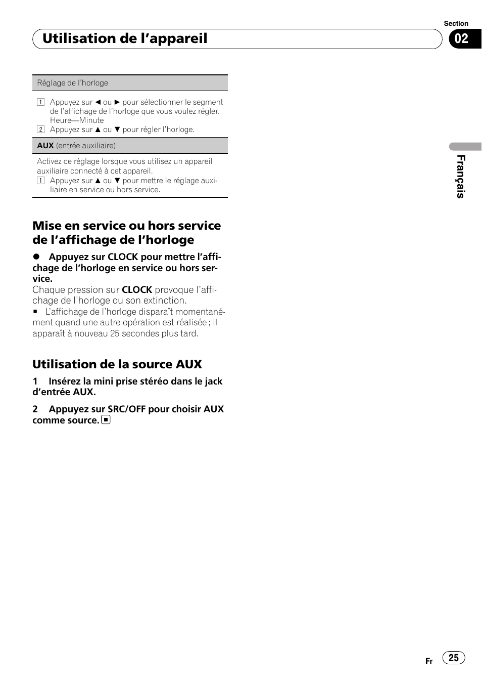 Utilisation de l ’appareil, Utilisation de la source aux | Pioneer DEH-1200MP User Manual | Page 25 / 52