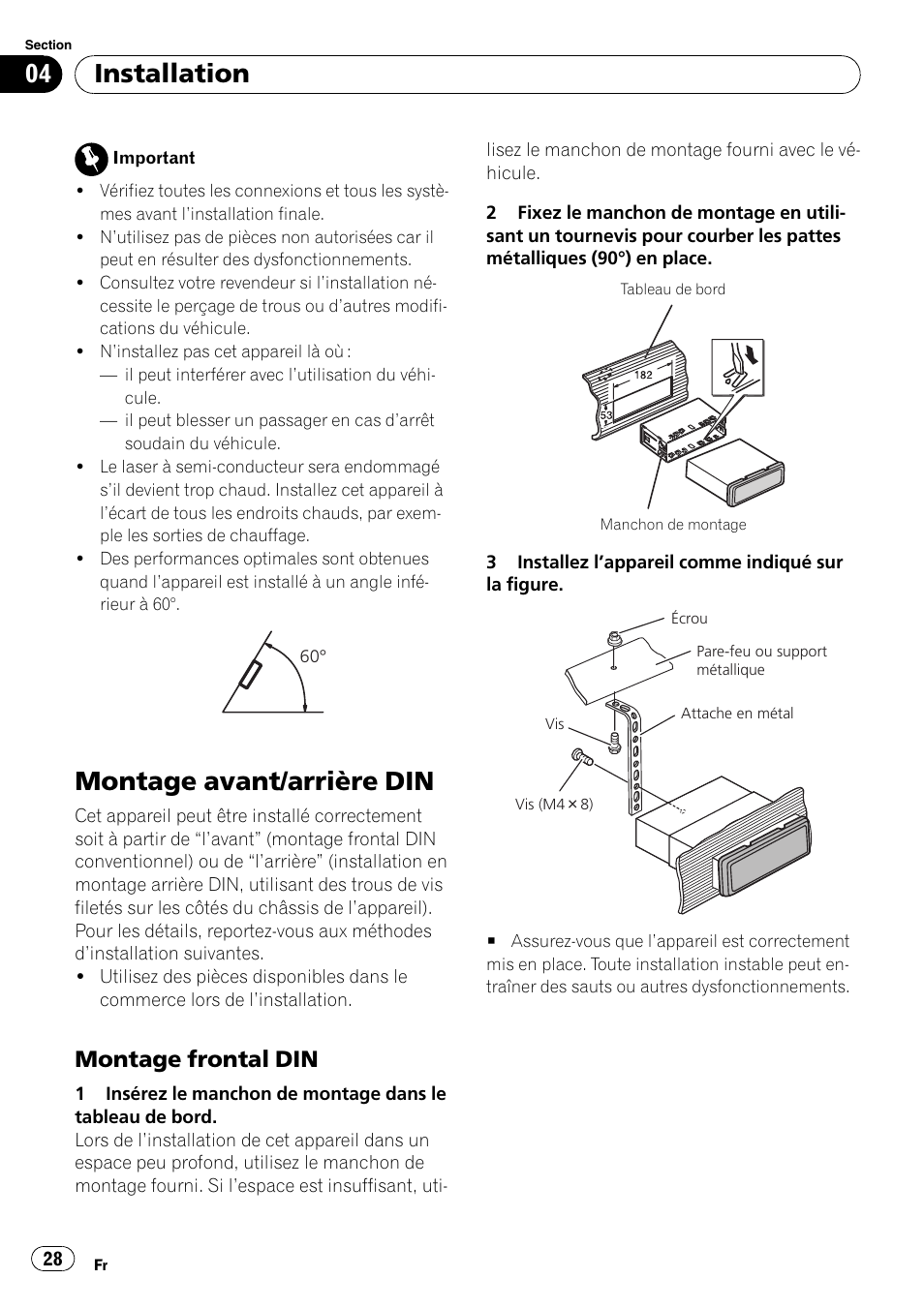 Montage avant/arrière din, Installation, Montage frontal din | Pioneer DEH-1200MP User Manual | Page 28 / 52