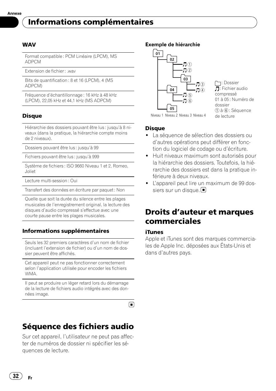 Séquence des fichiers audio, Droits d ’auteur et marques commerciales, Informations complémentaires | Pioneer DEH-1200MP User Manual | Page 32 / 52