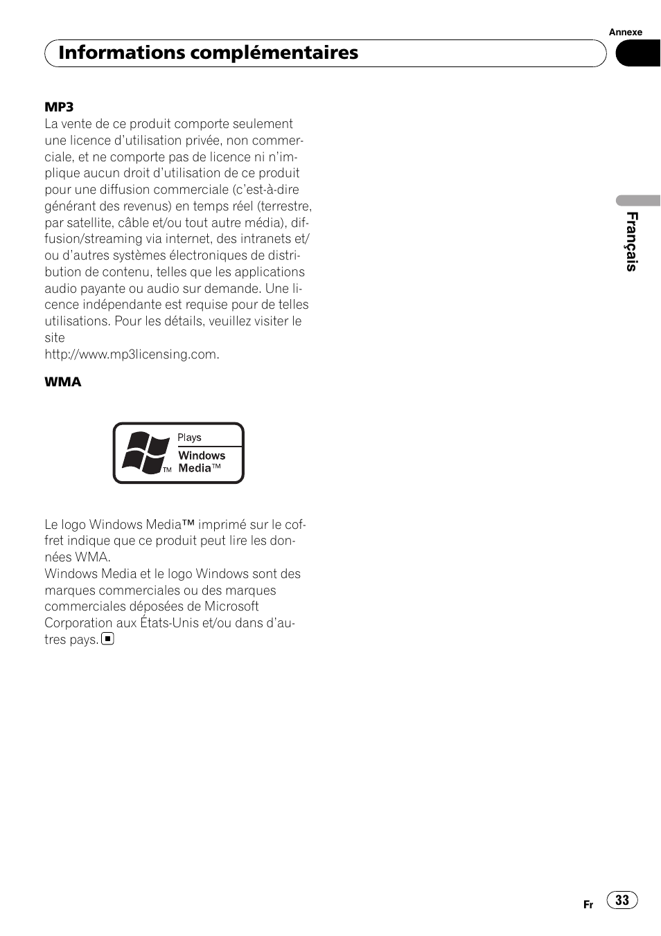 Informations complémentaires | Pioneer DEH-1200MP User Manual | Page 33 / 52