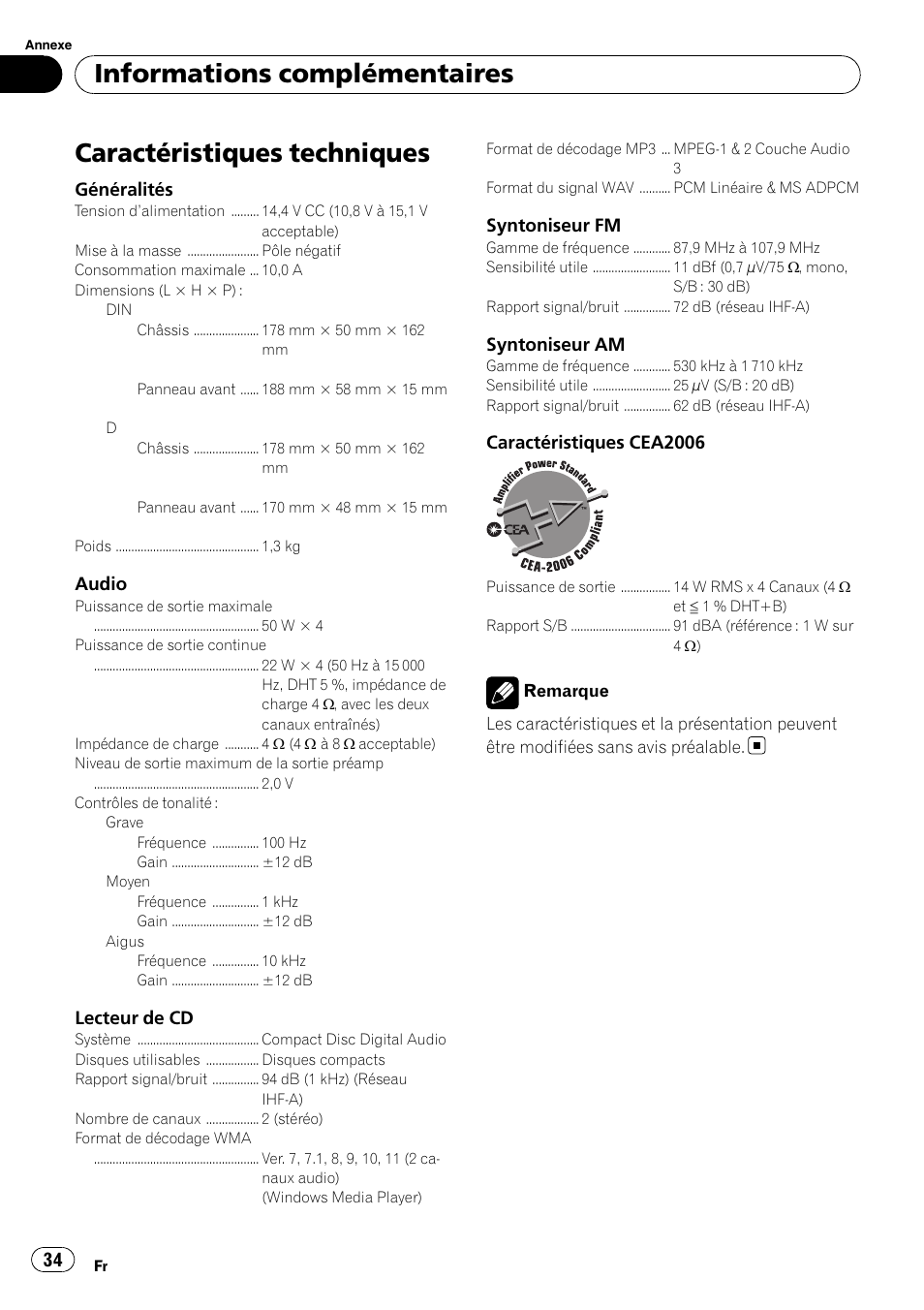 Caractéristiques techniques, Informations complémentaires | Pioneer DEH-1200MP User Manual | Page 34 / 52