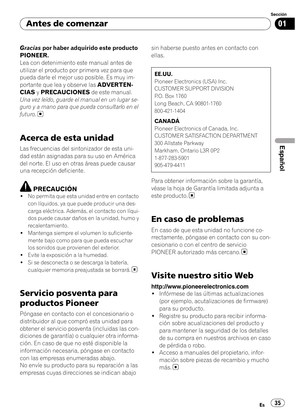 Acerca de esta unidad, Servicio posventa para productos pioneer, En caso de problemas | Visite nuestro sitio web, Antes de comenzar | Pioneer DEH-1200MP User Manual | Page 35 / 52