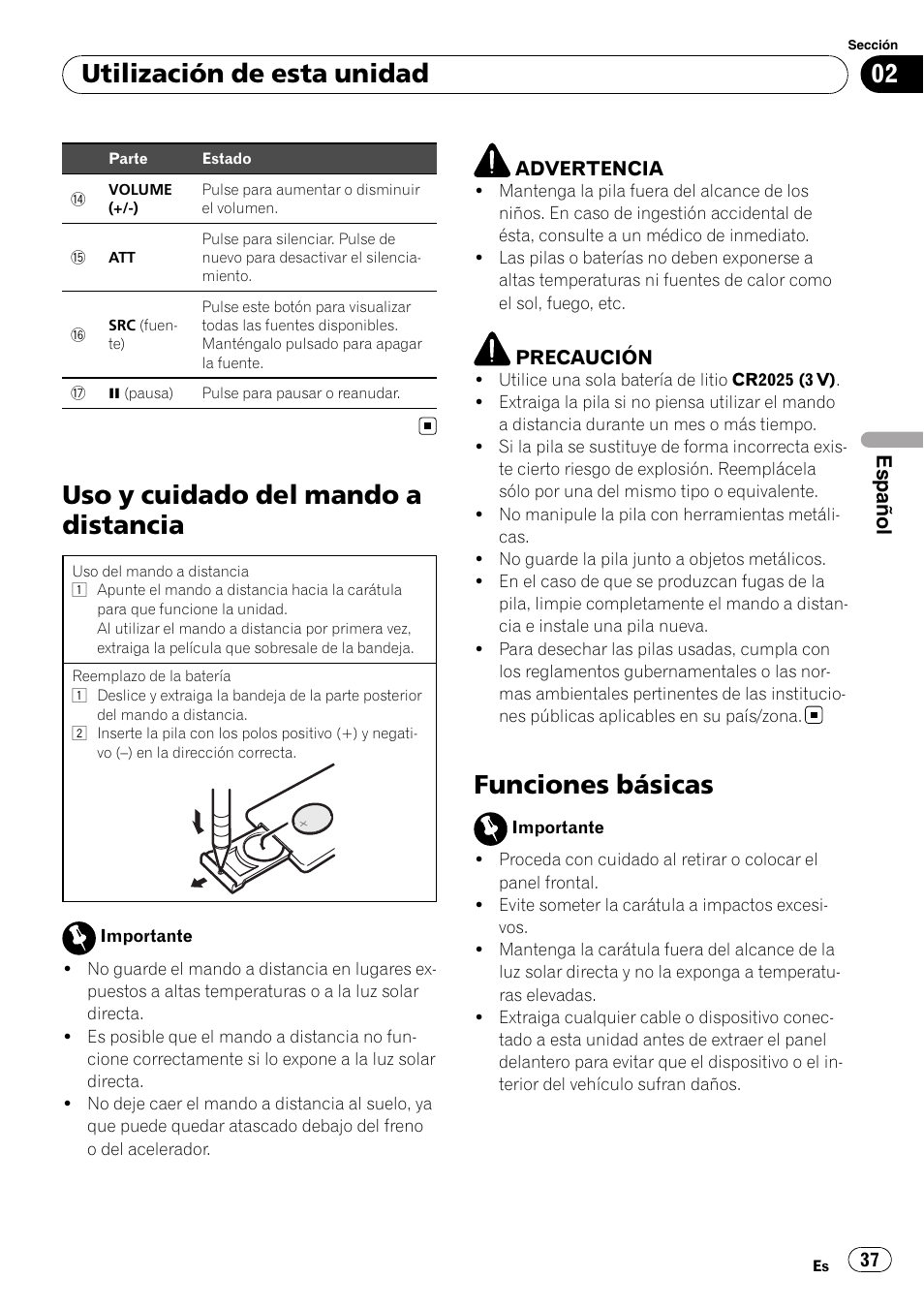 Uso y cuidado del mando a distancia, Funciones básicas, Utilización de esta unidad | Pioneer DEH-1200MP User Manual | Page 37 / 52