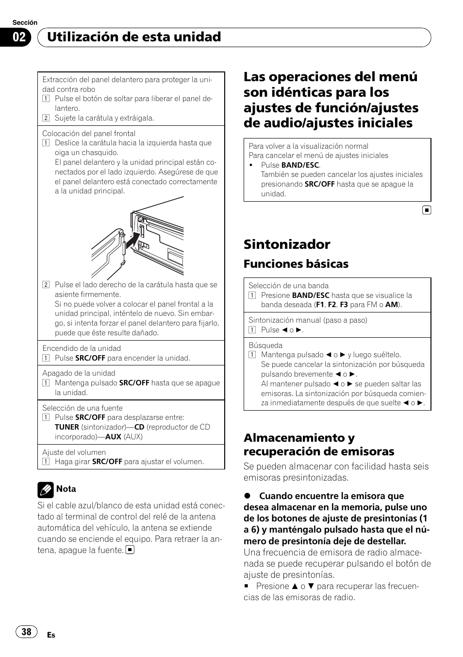 Sintonizador, Utilización de esta unidad, Funciones básicas | Almacenamiento y recuperación de emisoras | Pioneer DEH-1200MP User Manual | Page 38 / 52