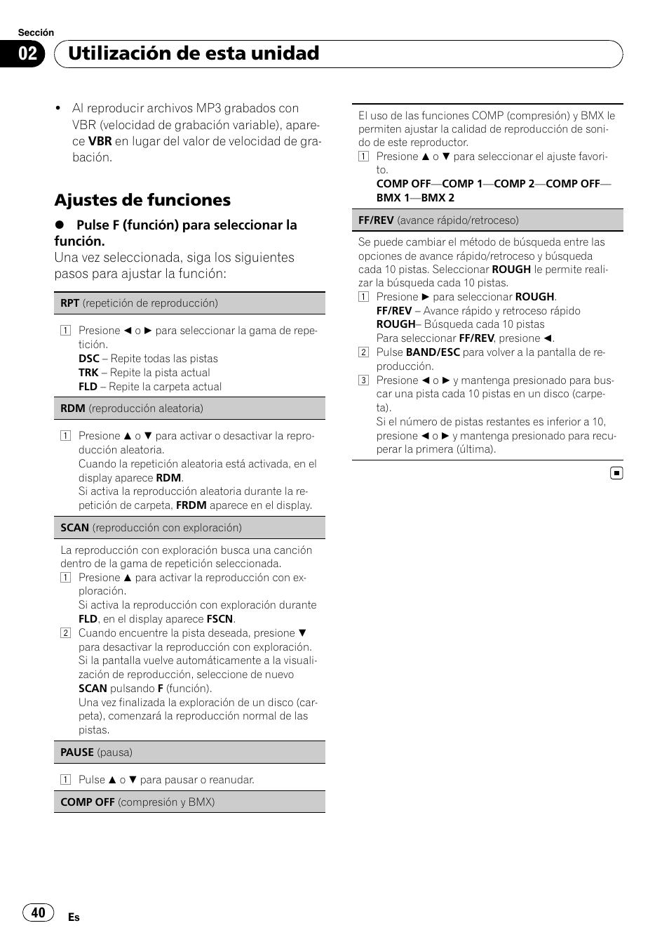 Utilización de esta unidad, Ajustes de funciones | Pioneer DEH-1200MP User Manual | Page 40 / 52