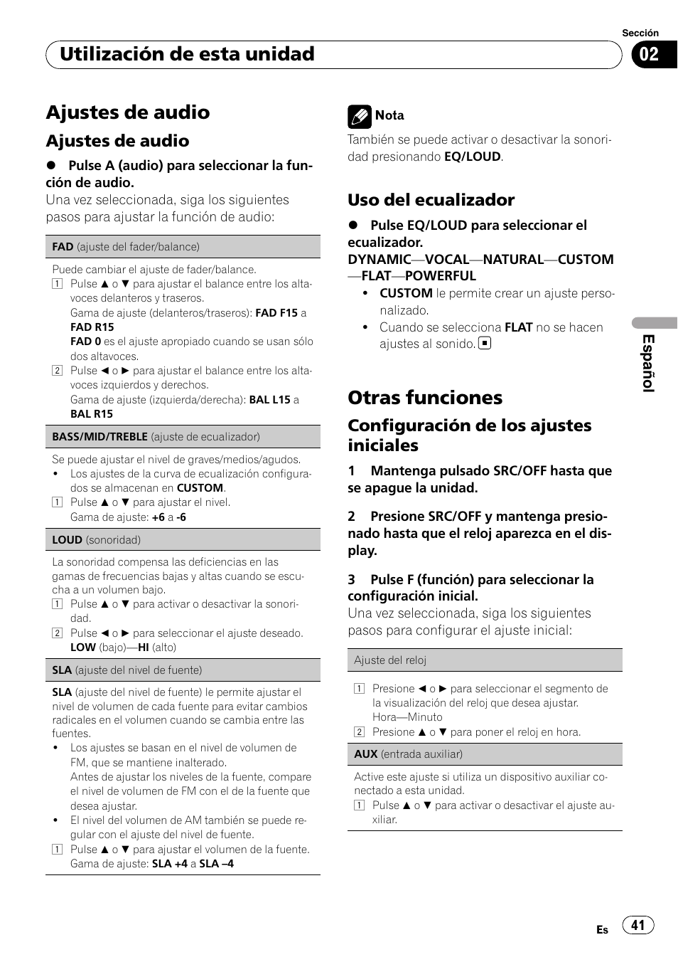 Ajustes de audio, Otras funciones, Utilización de esta unidad | Uso del ecualizador, Configuración de los ajustes iniciales, Español | Pioneer DEH-1200MP User Manual | Page 41 / 52