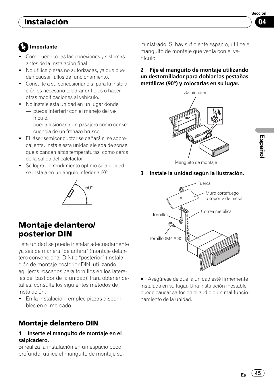 Montaje delantero/ posterior din, Instalación, Montaje delantero din | Pioneer DEH-1200MP User Manual | Page 45 / 52