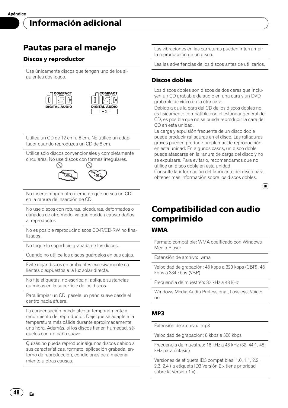 Pautas para el manejo, Compatibilidad con audio comprimido, Información adicional | Pioneer DEH-1200MP User Manual | Page 48 / 52