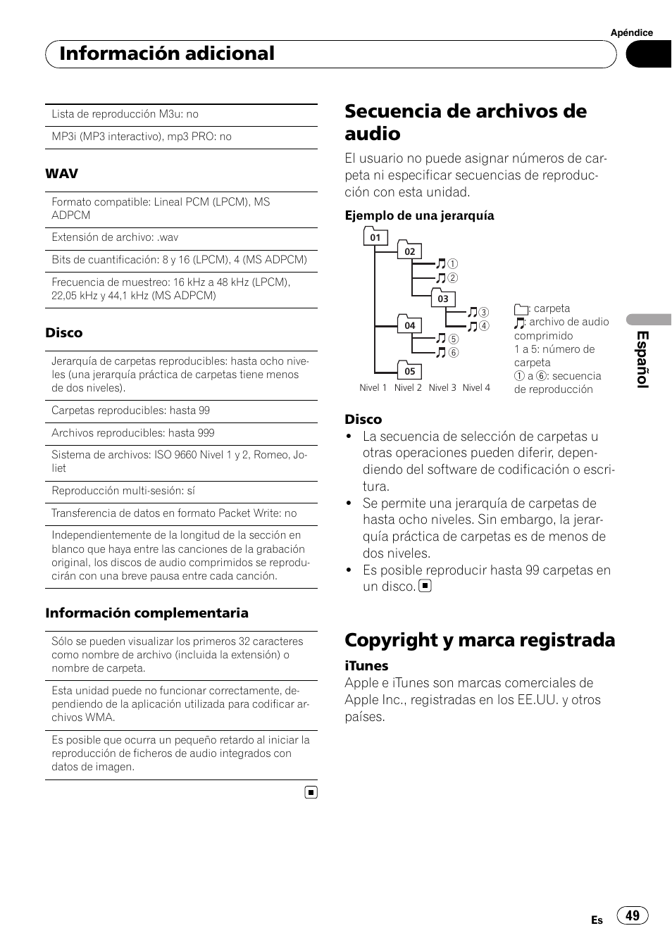 Secuencia de archivos de audio, Copyright y marca registrada, Información adicional | Español | Pioneer DEH-1200MP User Manual | Page 49 / 52