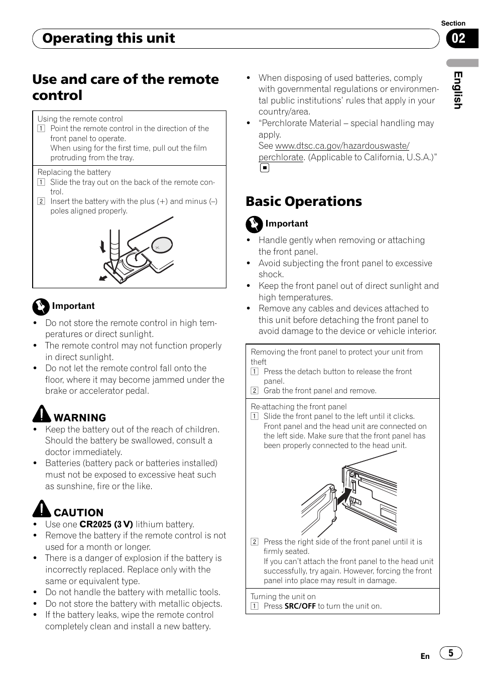 Use and care of the remote control, Basic operations, Operating this unit | Pioneer DEH-1200MP User Manual | Page 5 / 52
