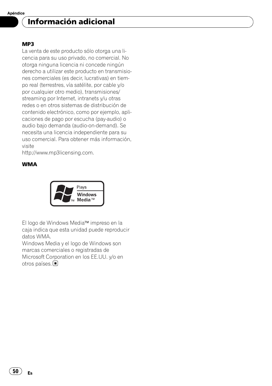 Información adicional | Pioneer DEH-1200MP User Manual | Page 50 / 52