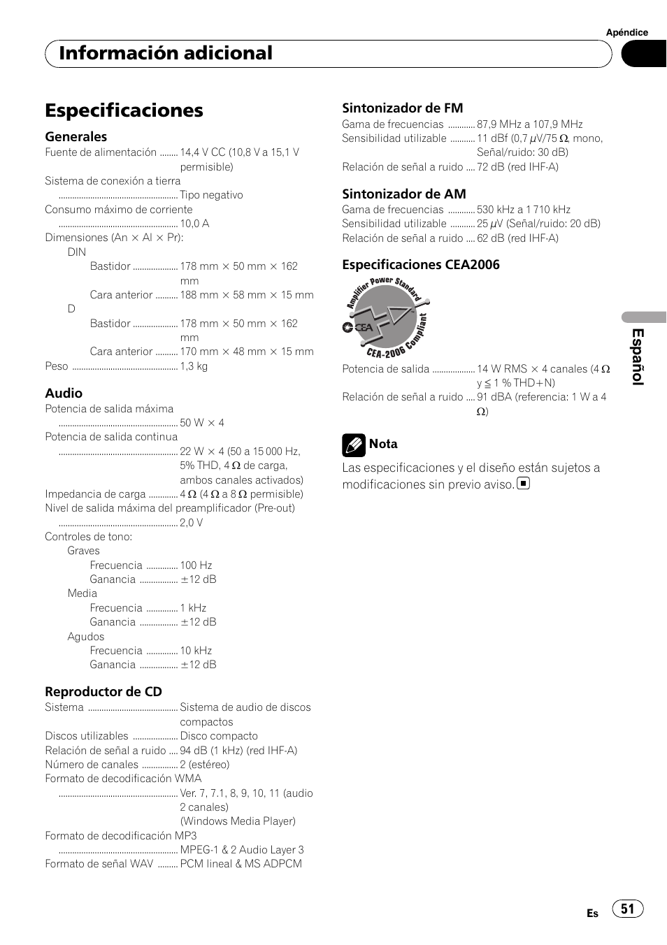 Especificaciones, Información adicional, Español | Pioneer DEH-1200MP User Manual | Page 51 / 52