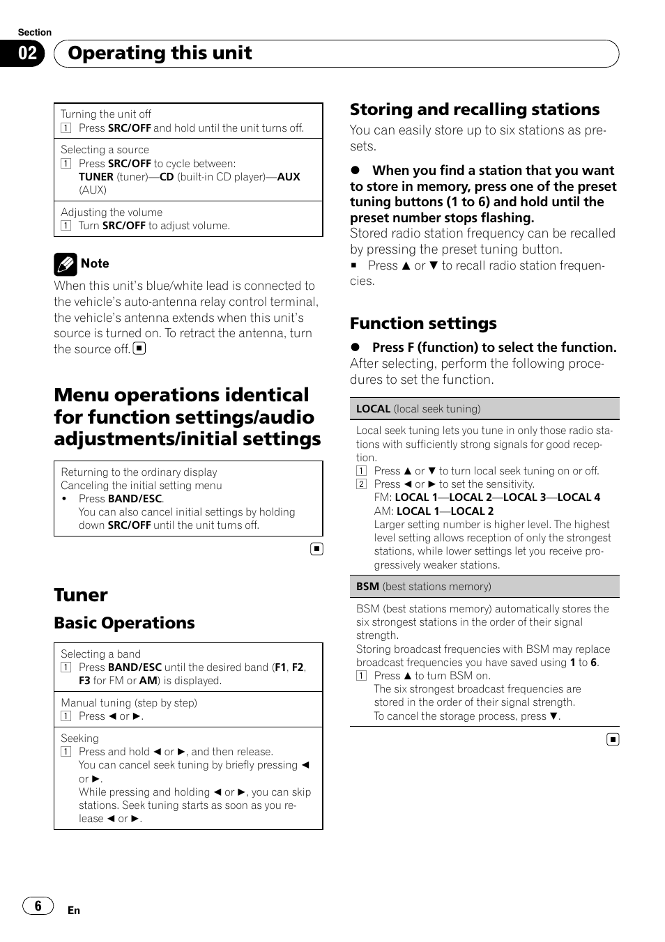 Tuner, Operating this unit, Basic operations | Storing and recalling stations, Function settings | Pioneer DEH-1200MP User Manual | Page 6 / 52
