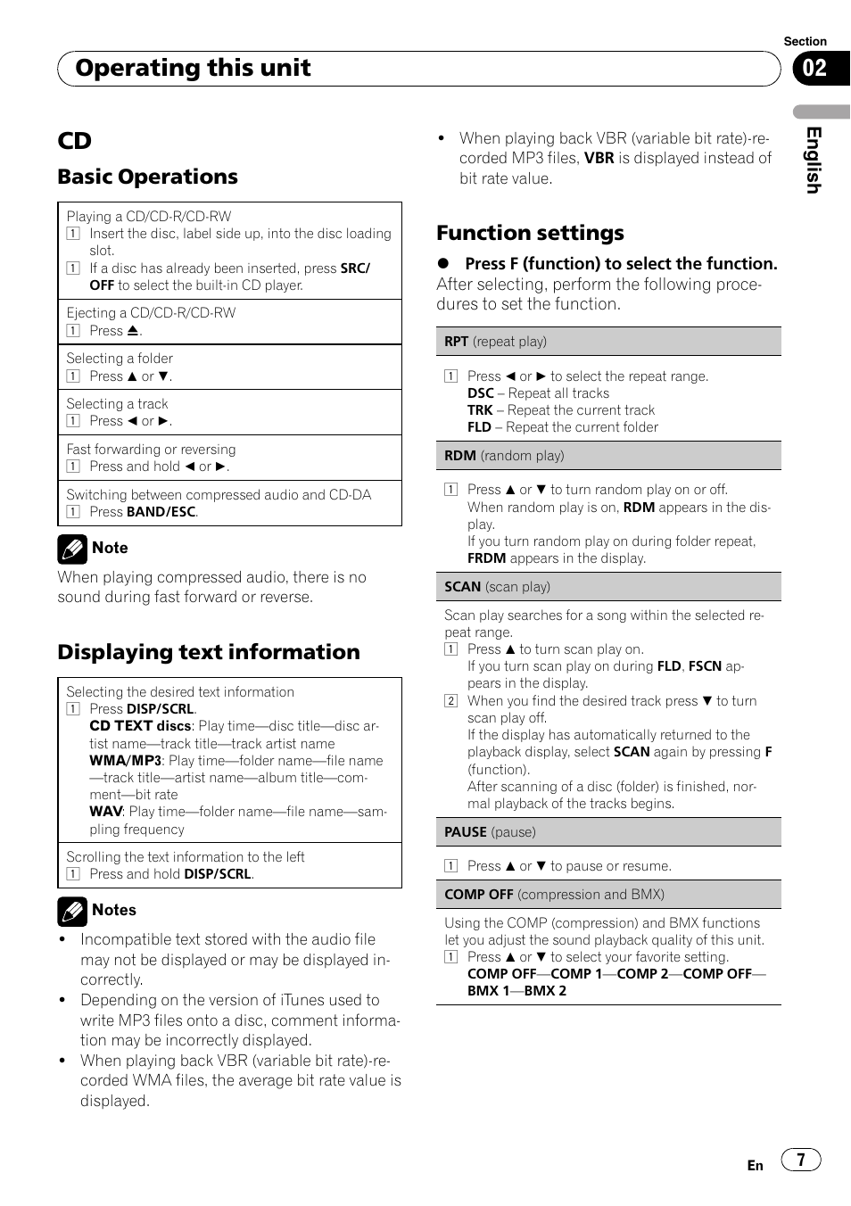 Operating this unit, Basic operations, Displaying text information | Function settings, English | Pioneer DEH-1200MP User Manual | Page 7 / 52