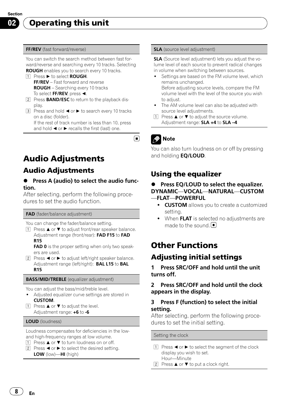 Audio adjustments, Other functions, Operating this unit | Using the equalizer, Adjusting initial settings | Pioneer DEH-1200MP User Manual | Page 8 / 52