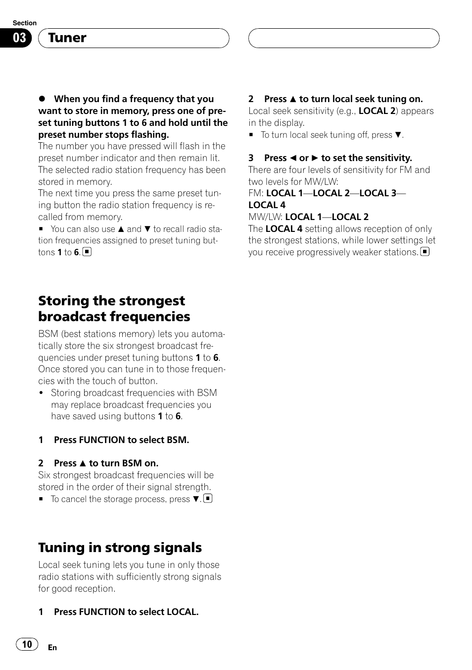 Storing the strongest broadcast, Frequencies, Tuning in strong signals | Storing the strongest broadcast frequencies, Tuner | Pioneer RDS DEH-P40MP User Manual | Page 10 / 90