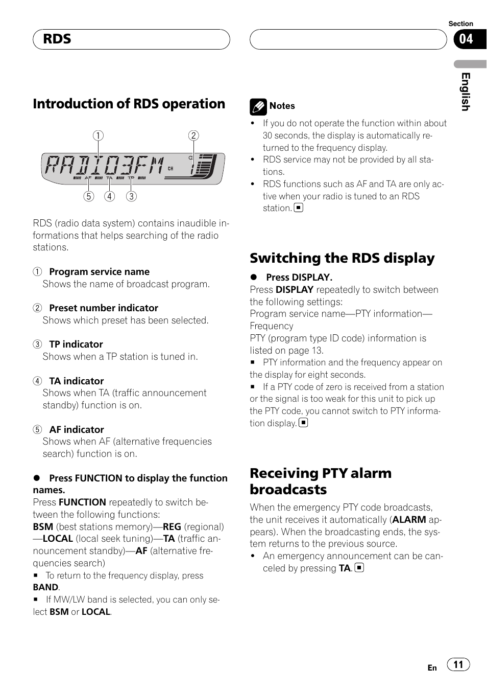 Rds introduction of rds operation, Switching the rds display, Receiving pty alarm broadcasts | Introduction of rds operation | Pioneer RDS DEH-P40MP User Manual | Page 11 / 90