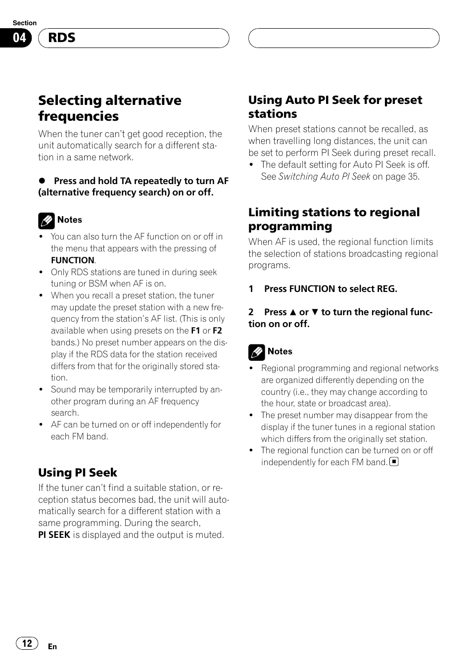 Selecting alternative frequencies, Using pi seek 12, Using auto pi seek for preset | Stations, Limiting stations to regional, Programming, Using pi seek, Using auto pi seek for preset stations, Limiting stations to regional programming | Pioneer RDS DEH-P40MP User Manual | Page 12 / 90