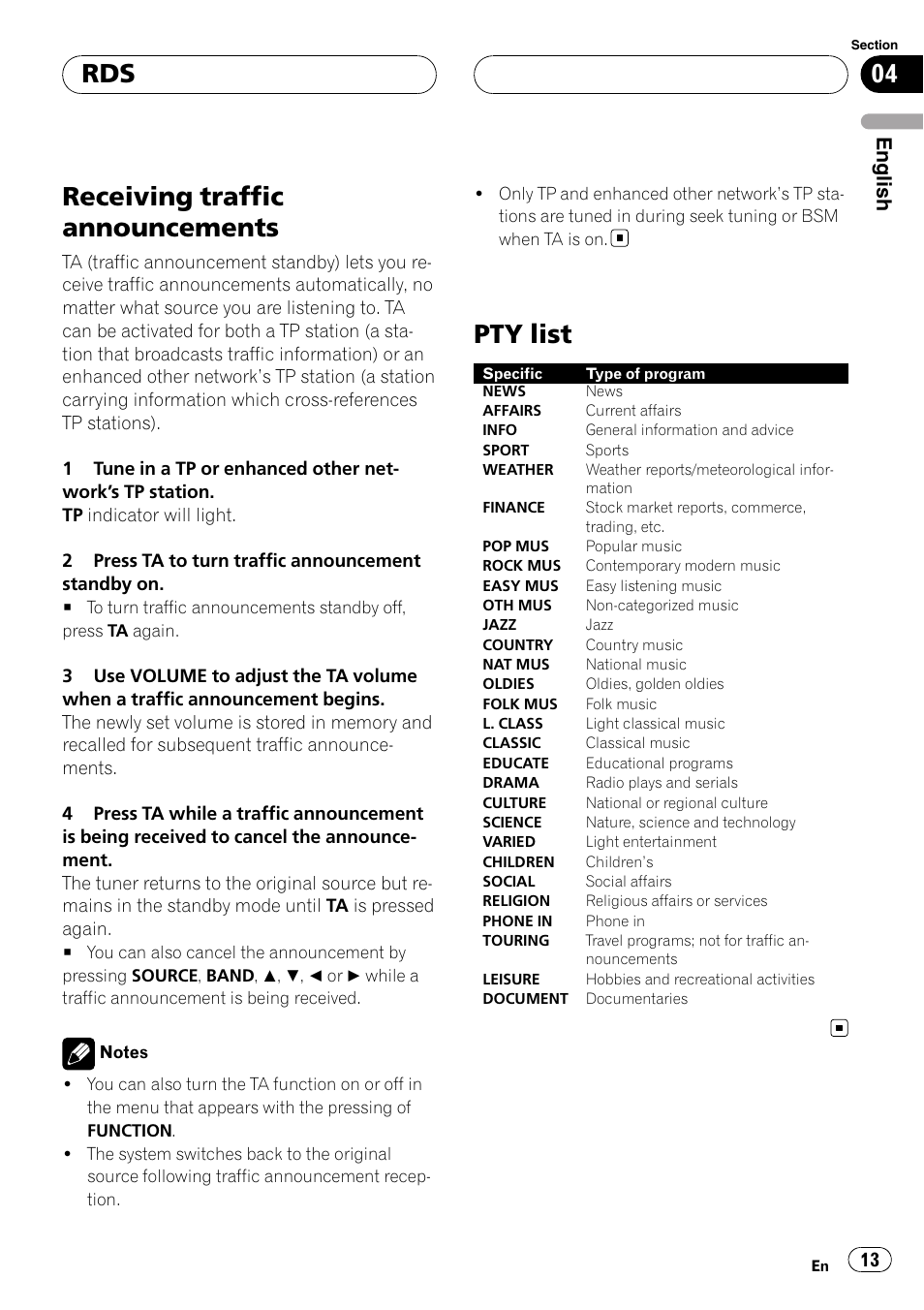 Receiving traffic announcements, Pty list, English | Pioneer RDS DEH-P40MP User Manual | Page 13 / 90