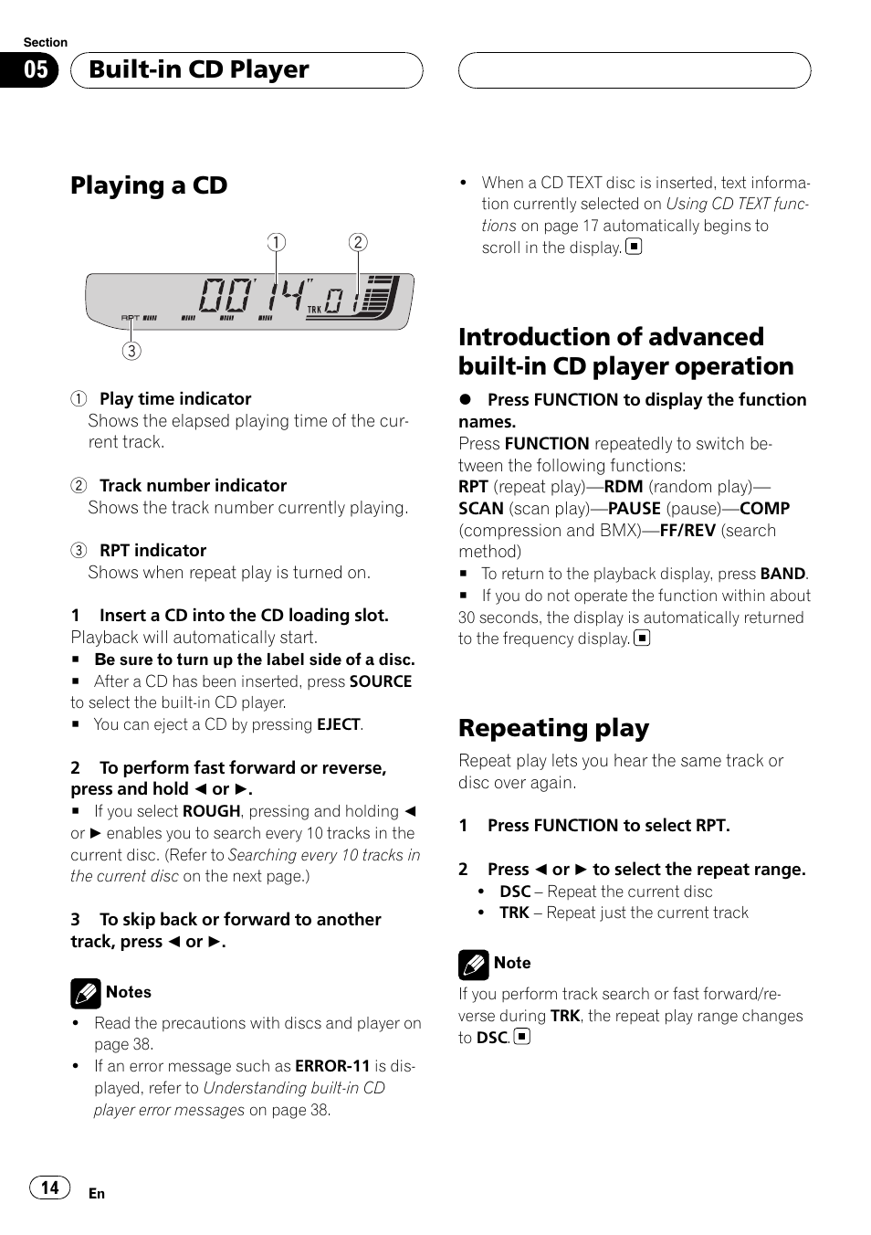 Built-in cd player playing a cd, Introduction of advanced built-in cd player, Operation | Repeating play, Playing a cd, Built-in cd player | Pioneer RDS DEH-P40MP User Manual | Page 14 / 90