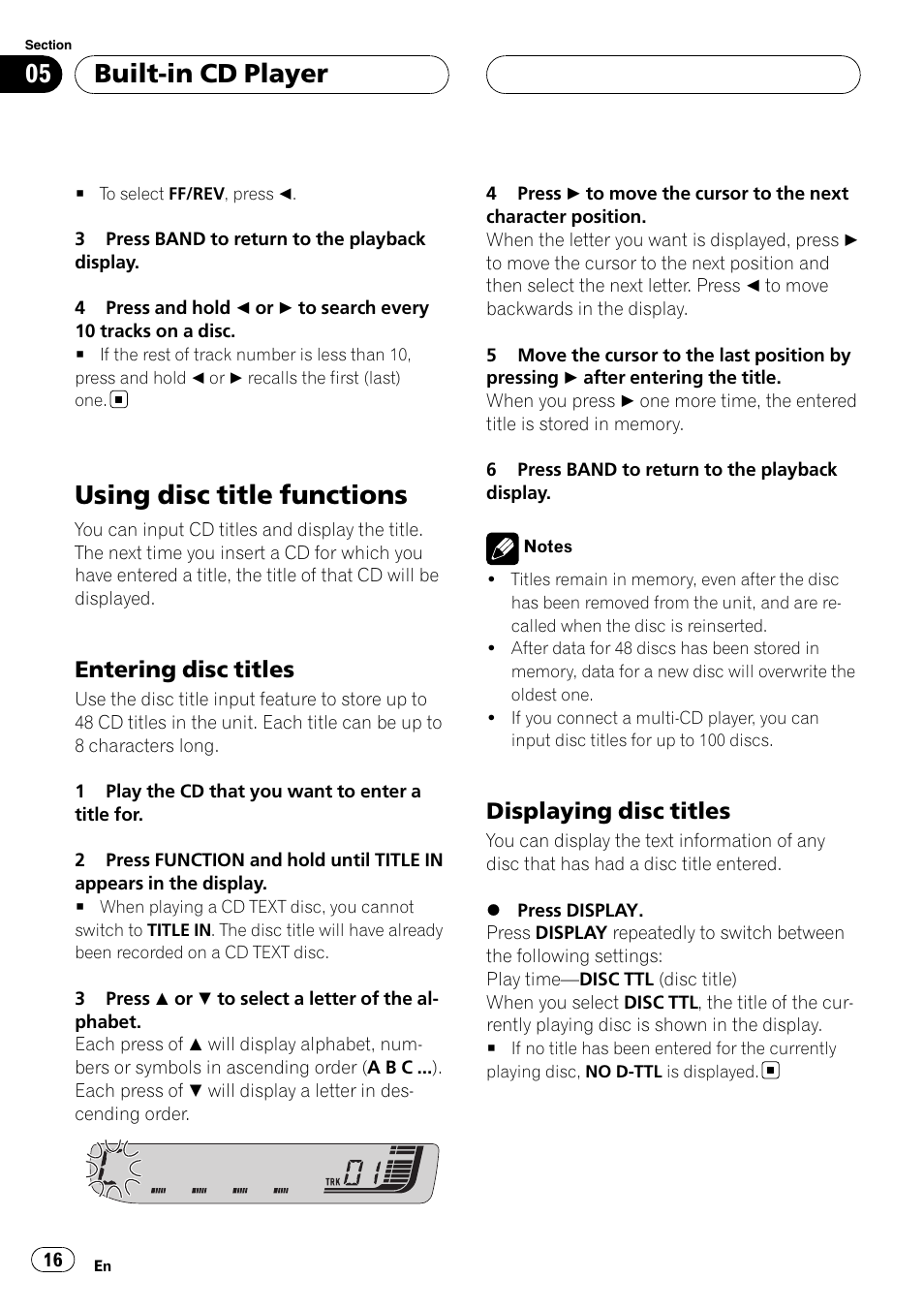 Using disc title functions, Entering disc titles 16, Displaying disc titles 16 | Built-in cd player, Entering disc titles, Displaying disc titles | Pioneer RDS DEH-P40MP User Manual | Page 16 / 90