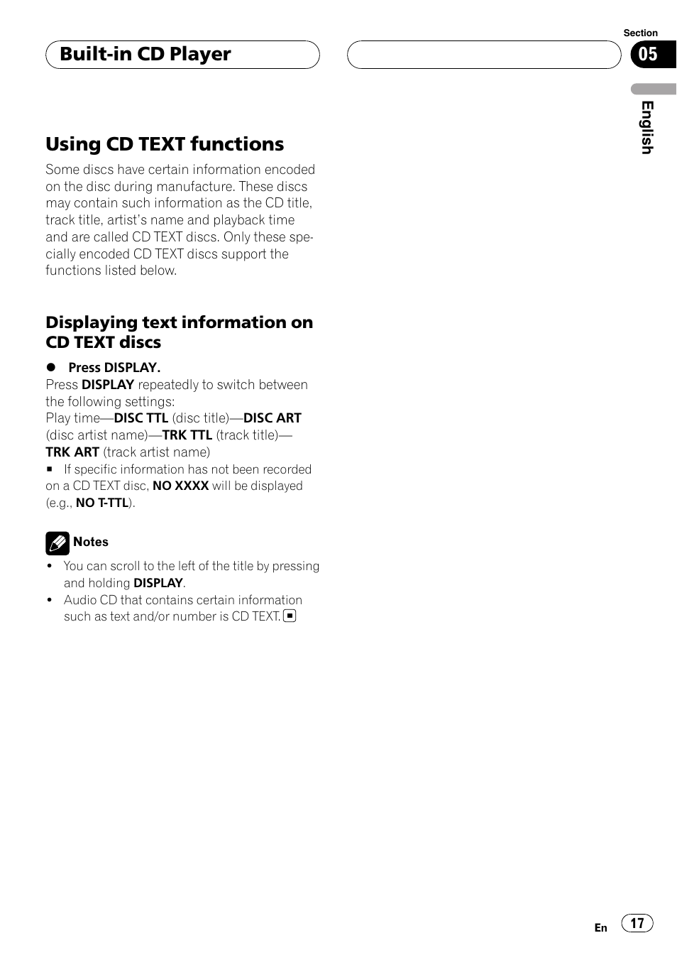 Using cd text functions, Displaying text information on cd text, Discs | Built-in cd player, Displaying text information on cd text discs | Pioneer RDS DEH-P40MP User Manual | Page 17 / 90