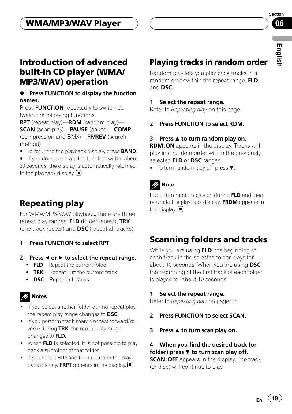 Introduction of advanced built-in cd player, Wma/mp3/wav) operation, Repeating play | Playing tracks in random order, Scanning folders and tracks, Wma/mp3/wav player | Pioneer RDS DEH-P40MP User Manual | Page 19 / 90