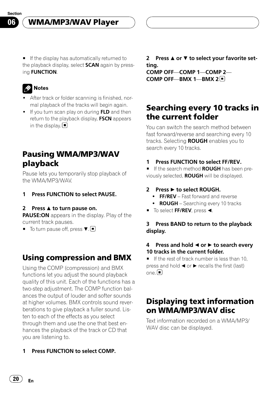 Pausing wma/mp3/wav playback, Using compression and bmx, Searching every 10 tracks in the current | Folder, Displaying text information on wma/mp3, Wav disc, Searching every 10 tracks in the current folder, Displaying text information on wma/mp3/wav disc, Wma/mp3/wav player | Pioneer RDS DEH-P40MP User Manual | Page 20 / 90