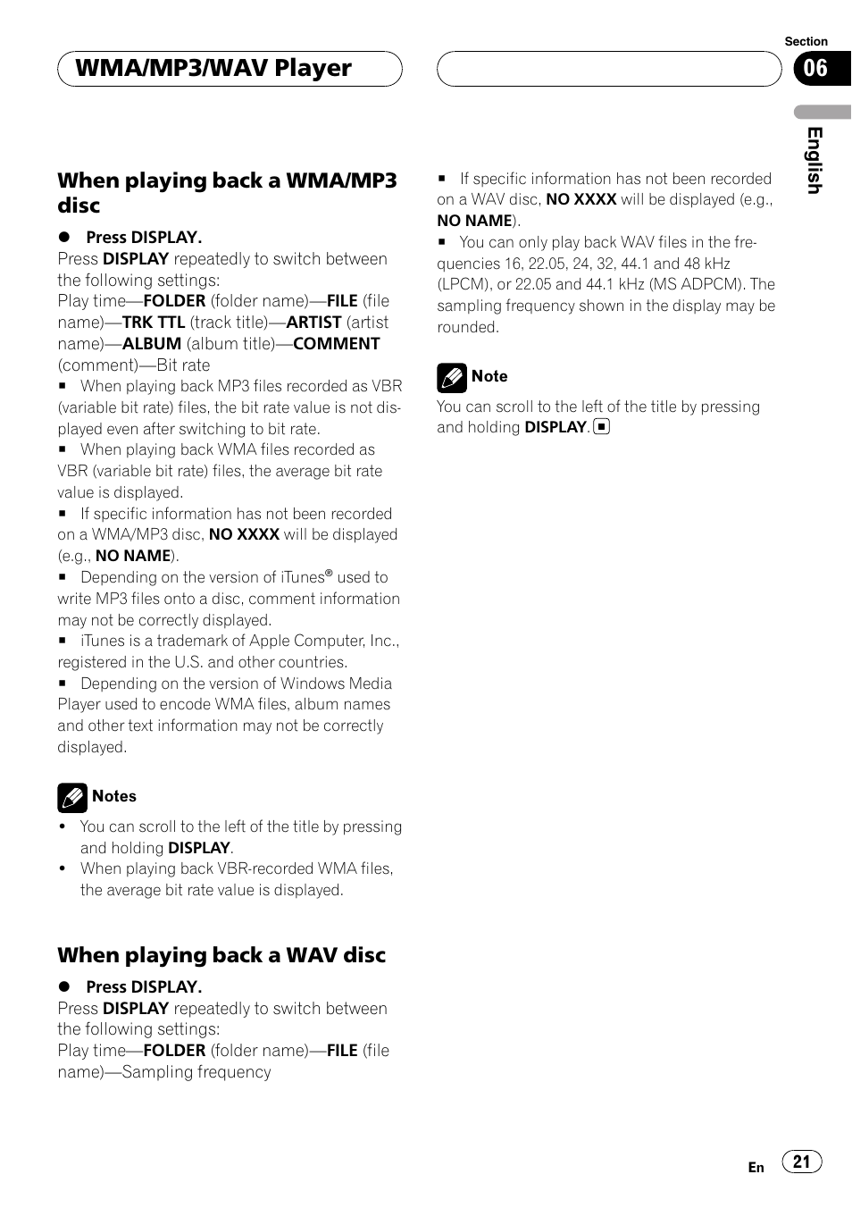 When playing back a wma/mp3, Disc, When playing back a wav disc 21 | Wma/mp3/wav player, When playing back a wma/mp3 disc, When playing back a wav disc | Pioneer RDS DEH-P40MP User Manual | Page 21 / 90