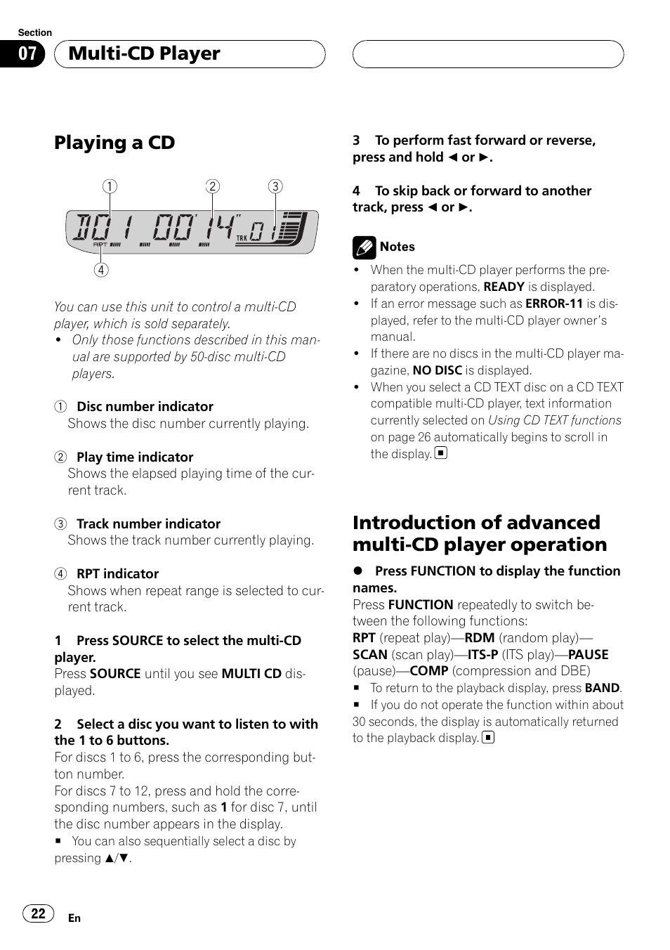 Multi-cd player playing a cd, Introduction of advanced multi-cd player, Operation | Playing a cd, Introduction of advanced multi-cd player operation, Multi-cd player | Pioneer RDS DEH-P40MP User Manual | Page 22 / 90