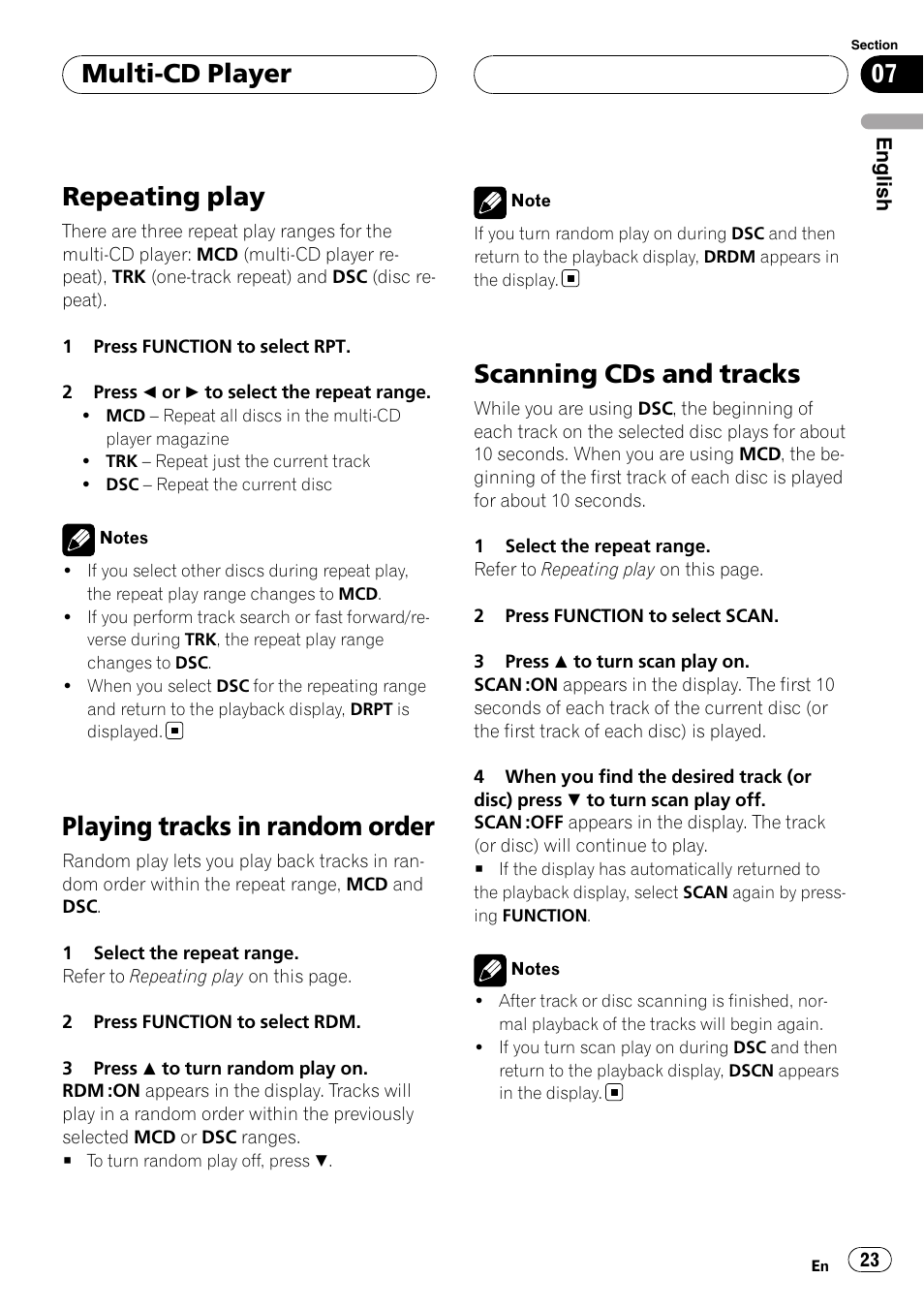 Repeating play, Playing tracks in random order, Scanning cds and tracks | Multi-cd player | Pioneer RDS DEH-P40MP User Manual | Page 23 / 90