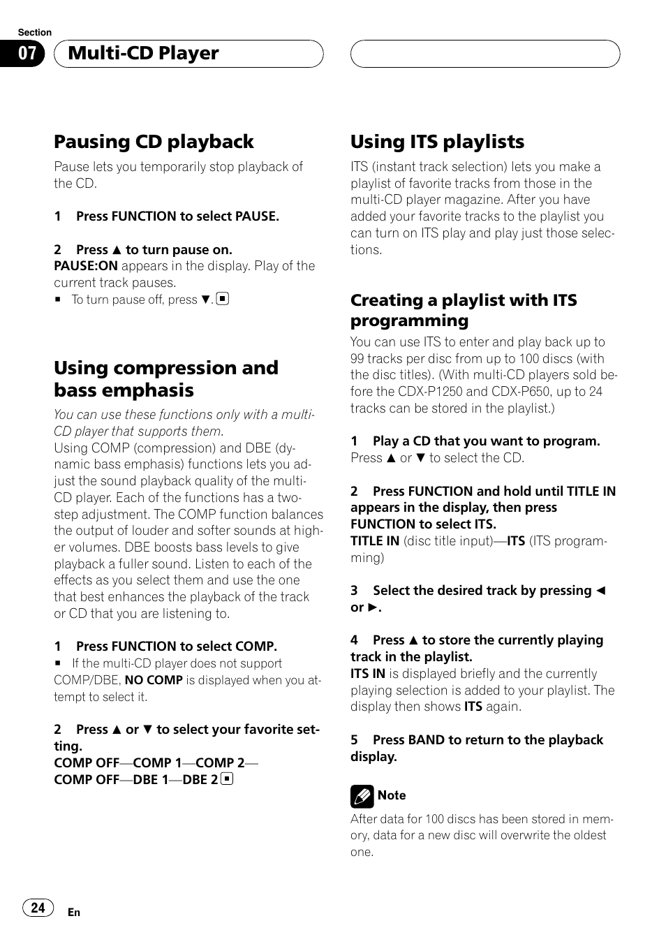 Pausing cd playback, Using compression and bass emphasis, Using its playlists | Creating a playlist with its, Programming, Multi-cd player | Pioneer RDS DEH-P40MP User Manual | Page 24 / 90