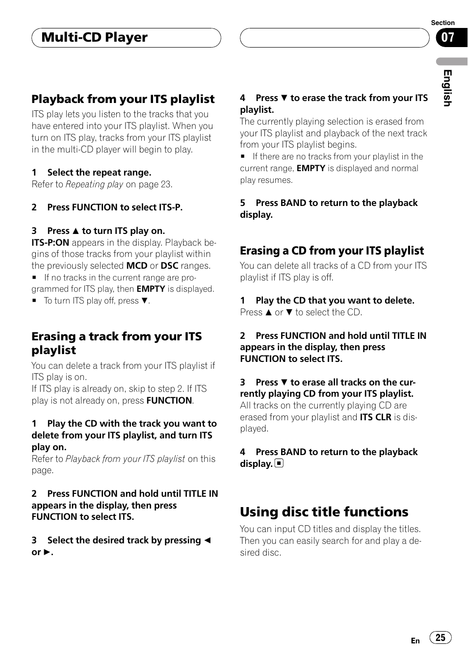 Playback from your its playlist 25, Erasing a track from your its, Playlist | Erasing a cd from your its playlist 25, Using disc title functions, Multi-cd player, Playback from your its playlist, Erasing a track from your its playlist, Erasing a cd from your its playlist | Pioneer RDS DEH-P40MP User Manual | Page 25 / 90