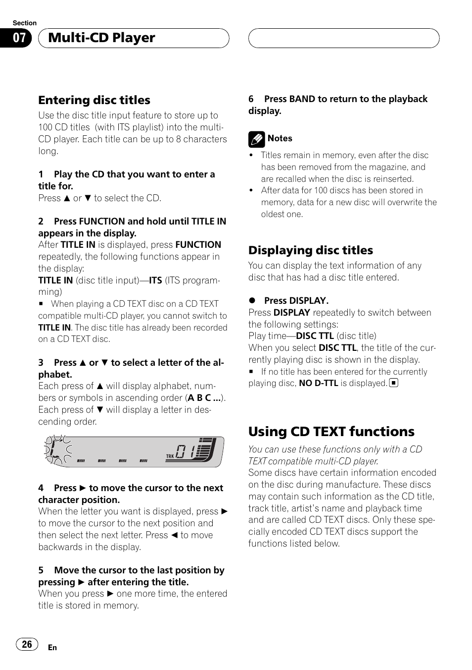 Entering disc titles 26, Displaying disc titles 26, Using cd text functions | Multi-cd player, Entering disc titles, Displaying disc titles | Pioneer RDS DEH-P40MP User Manual | Page 26 / 90