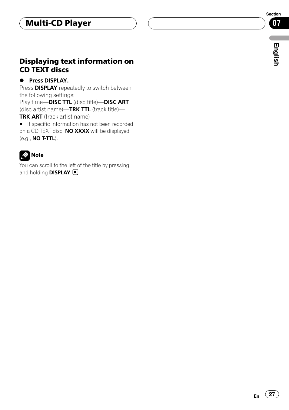 Displaying text information on cd text, Discs, Multi-cd player | Displaying text information on cd text discs | Pioneer RDS DEH-P40MP User Manual | Page 27 / 90