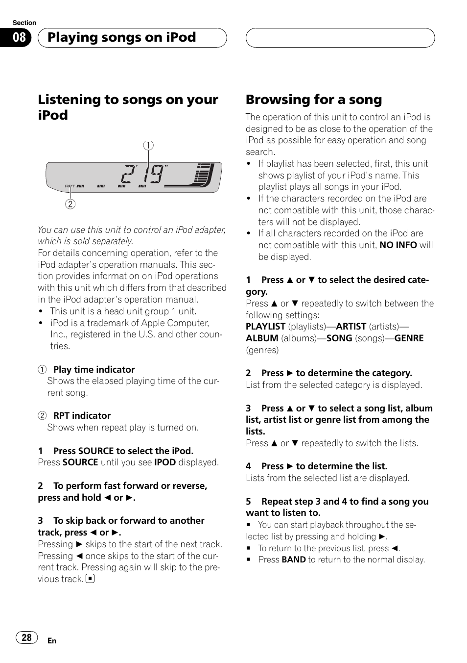 Browsing for a song, Listening to songs on your ipod, Playing songs on ipod | Pioneer RDS DEH-P40MP User Manual | Page 28 / 90