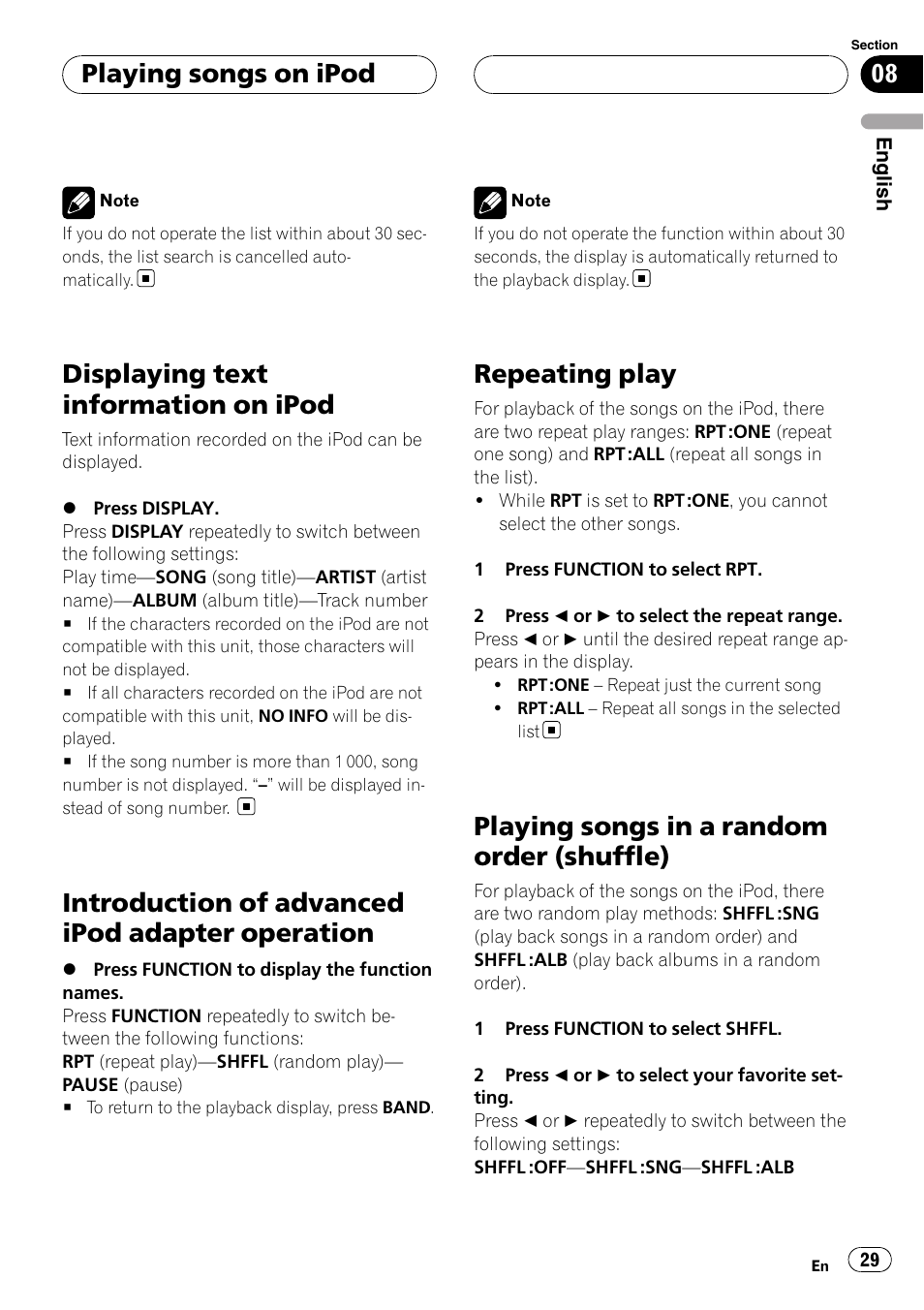 Displaying text information on ipod, Introduction of advanced ipod adapter, Operation | Repeating play, Playing songs in a random order, Shuffle), Introduction of advanced ipod adapter operation, Playing songs in a random order (shuffle), Playing songs on ipod | Pioneer RDS DEH-P40MP User Manual | Page 29 / 90