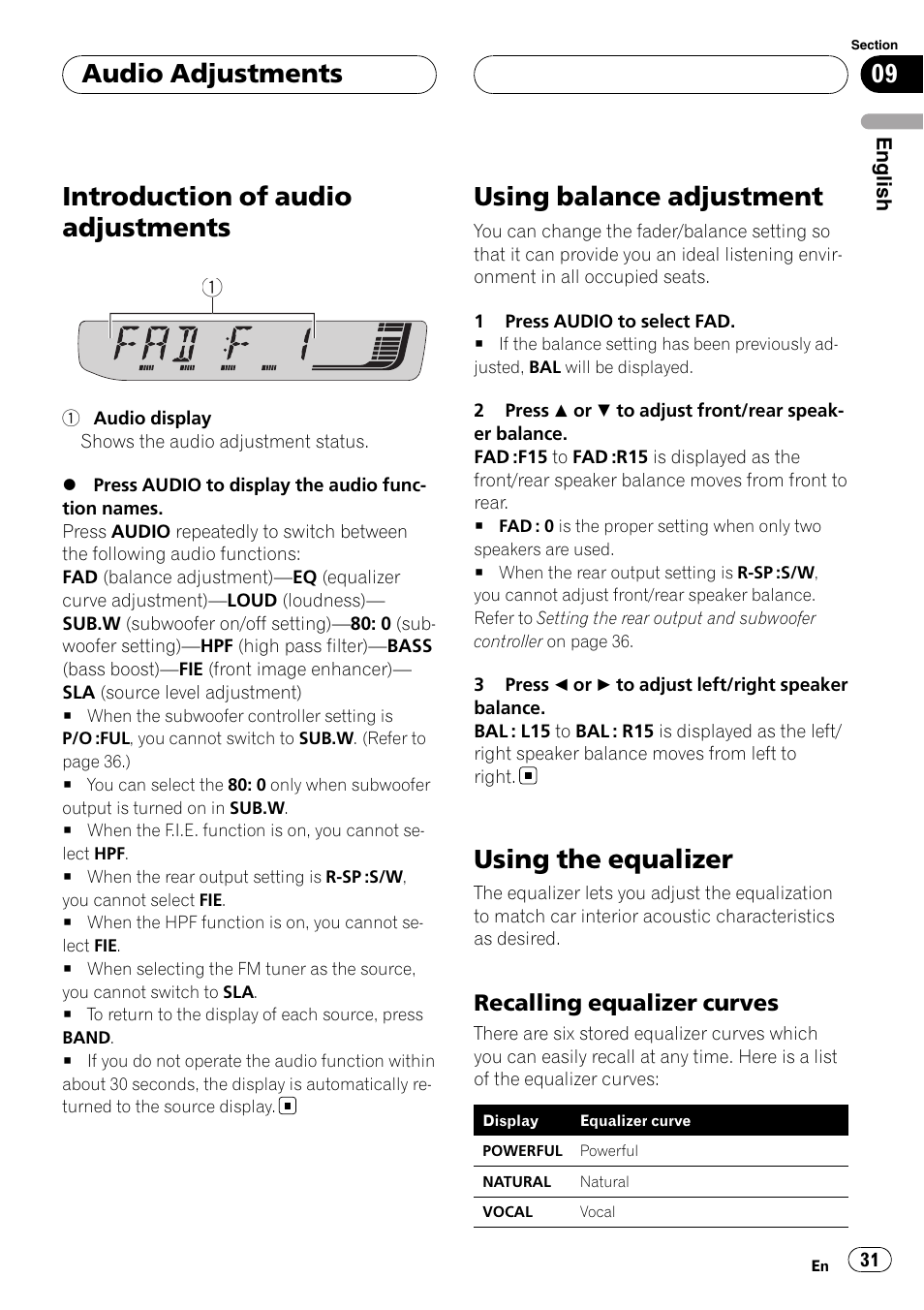 Using balance adjustment, Using the equalizer, Recalling equalizer curves 31 | Introduction of audio adjustments, Audio adjustments, Recalling equalizer curves | Pioneer RDS DEH-P40MP User Manual | Page 31 / 90