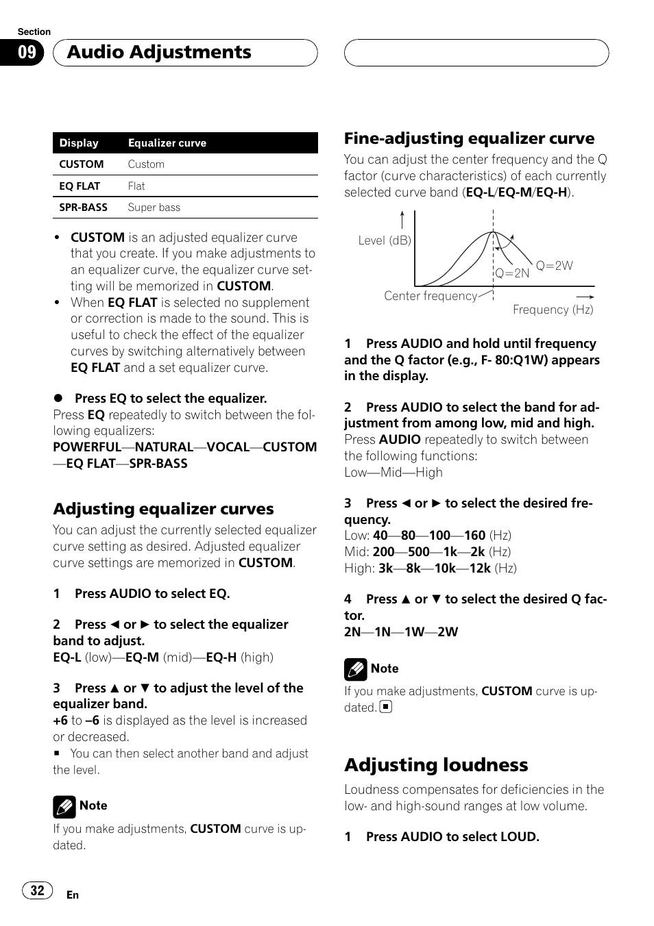 Adjusting equalizer curves 32, Fine-adjusting equalizer curve 32, Adjusting loudness | Audio adjustments, Adjusting equalizer curves, Fine-adjusting equalizer curve | Pioneer RDS DEH-P40MP User Manual | Page 32 / 90