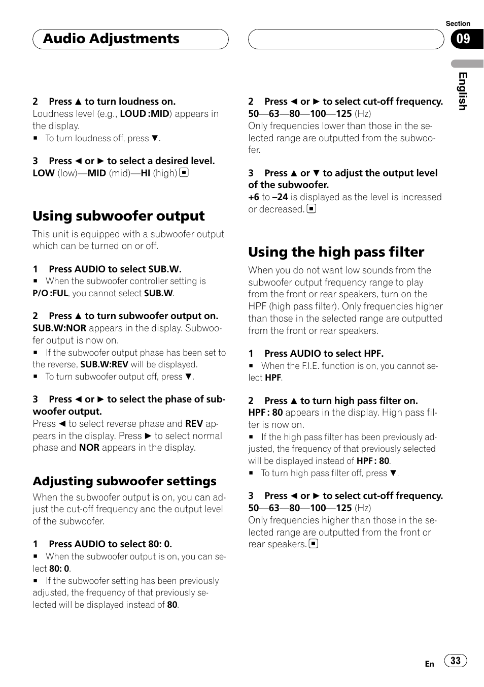 Using subwoofer output, Adjusting subwoofer settings 33, Using the high pass filter | Audio adjustments, Adjusting subwoofer settings | Pioneer RDS DEH-P40MP User Manual | Page 33 / 90