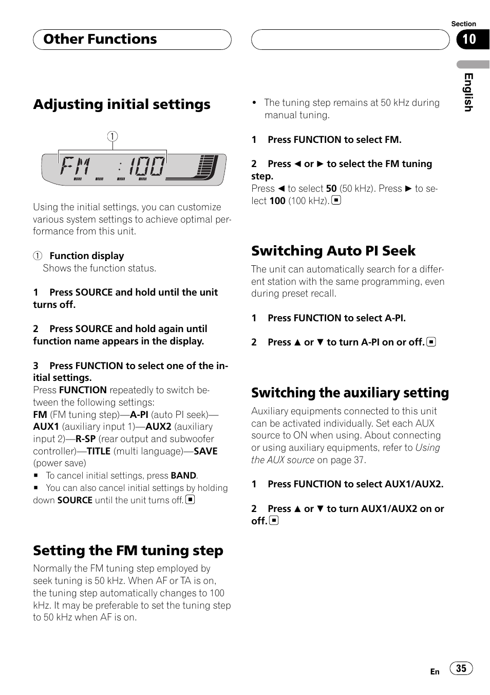 Other functions adjusting initial settings, Setting the fm tuning step, Switching auto pi seek | Switching the auxiliary setting, Adjusting initial settings, Other functions | Pioneer RDS DEH-P40MP User Manual | Page 35 / 90