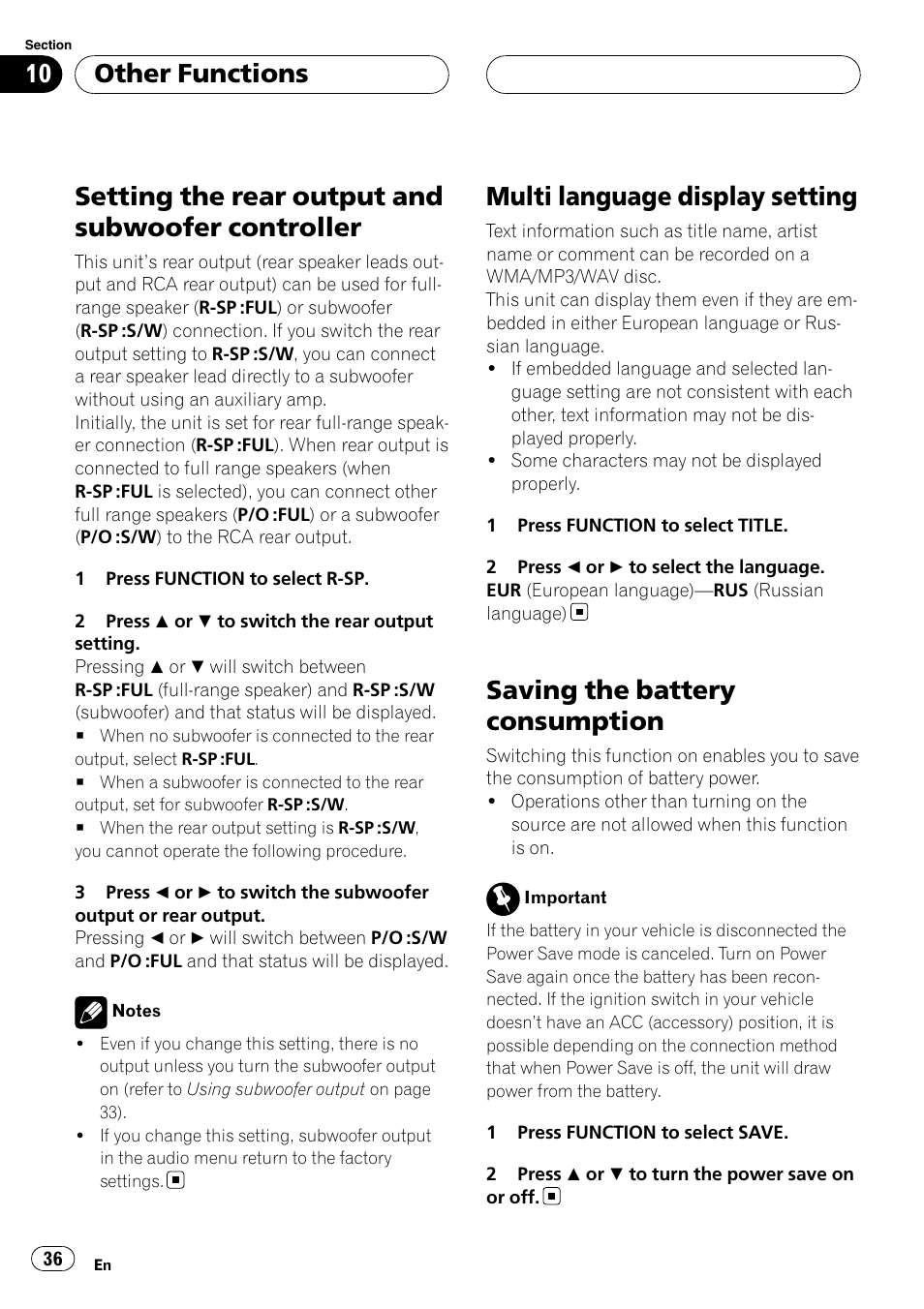 Setting the rear output and subwoofer, Controller, Multi language display setting | Saving the battery consumption, Setting the rear output and subwoofer controller, Other functions | Pioneer RDS DEH-P40MP User Manual | Page 36 / 90